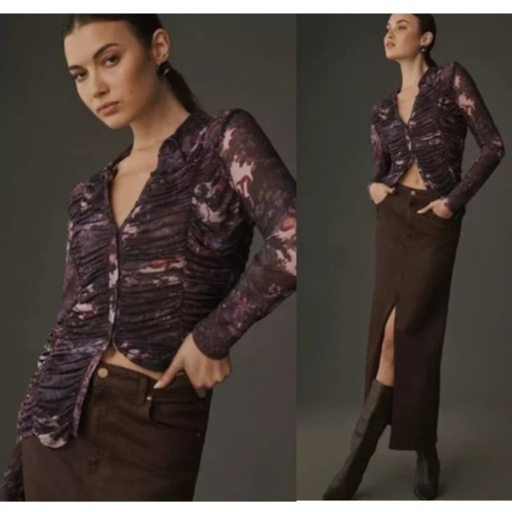 Anthropologie Pilcro Ruched Mesh Button Down